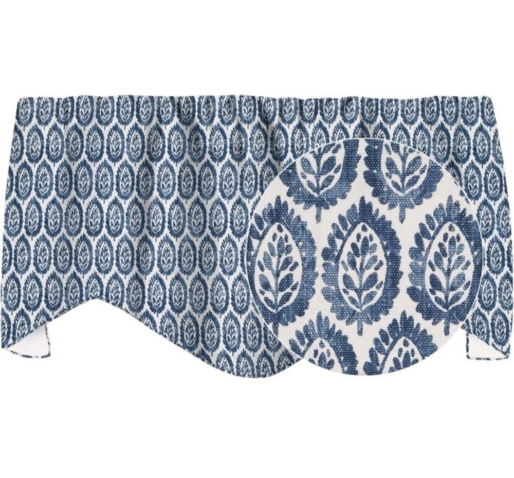 Blue Curtain Valance Swag Rod Pocket, Print Motif Lined Made in USA, 53x18 In